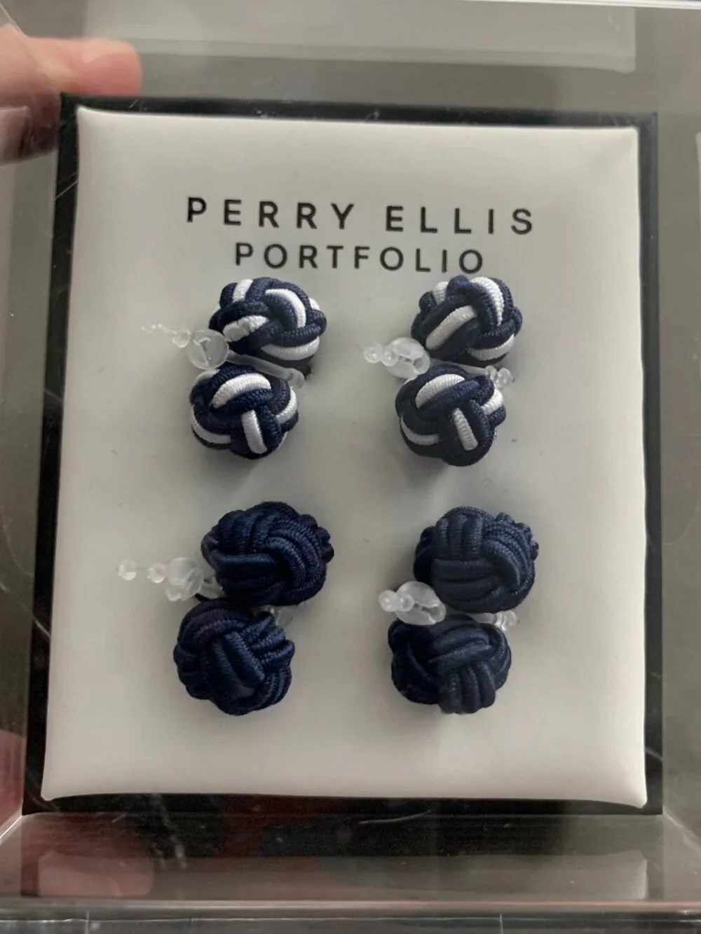 Perry Ellis Portfolio Men's 2-Pair Silk Knot Cufflinks, Navy Blue and White